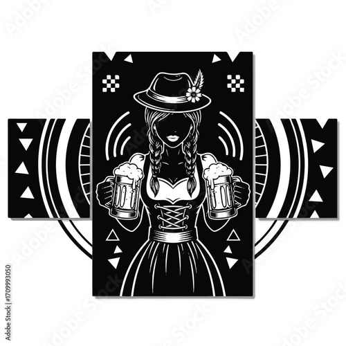 black and white oktoberfest girl holding beer clip art preview