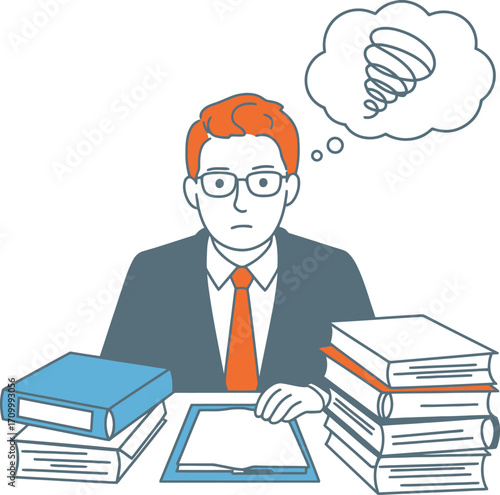 Overwhelmed businessman with stacks of documents feeling stressed and confused at his desk