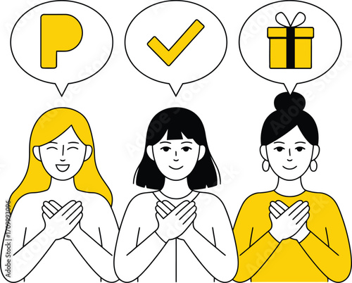 Women feeling proud, approved, and grateful for positive outcomes and rewards