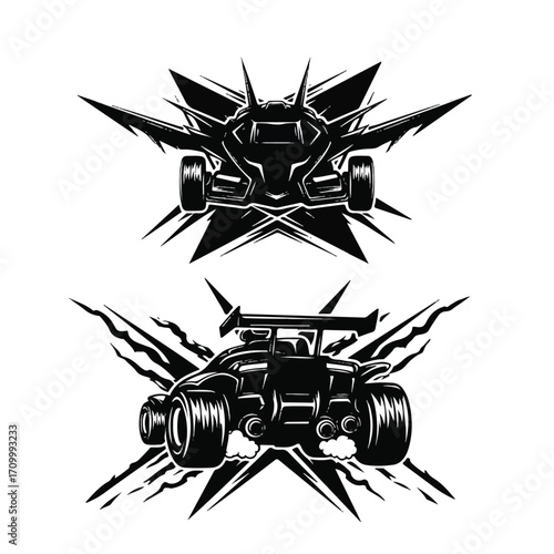 Two stylized black and white illustrations of a futuristic car, one front view and one rear view, with sharp, explosive graphic elements.