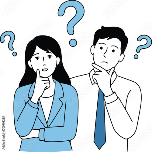 Two thoughtful business professionals pondering important questions with curiosity and concentration