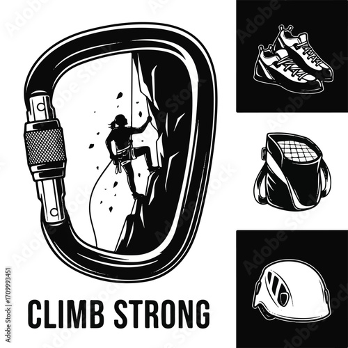 Monochrome illustration of rock climbing gear and a climber inside a carabiner with the text 'Climb Strong', alongside icons of climbing shoes, chalk bag, and helmet.