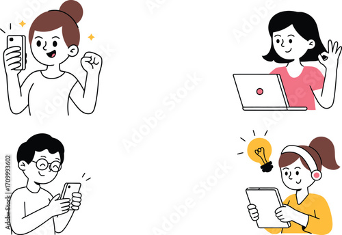 Diverse individuals succeeding with technology and brilliant ideas, celebrating achievements and innovation online
