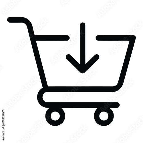 Shopping cart with arrow pointing down representing adding to cart and purchase complete icon vector 96 silhouette