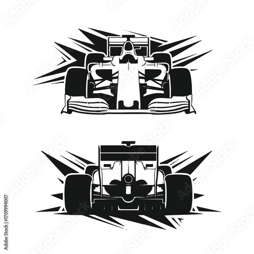Front and rear view black and white illustrations of a modern Formula 1 race car with dynamic jagged backgrounds.
