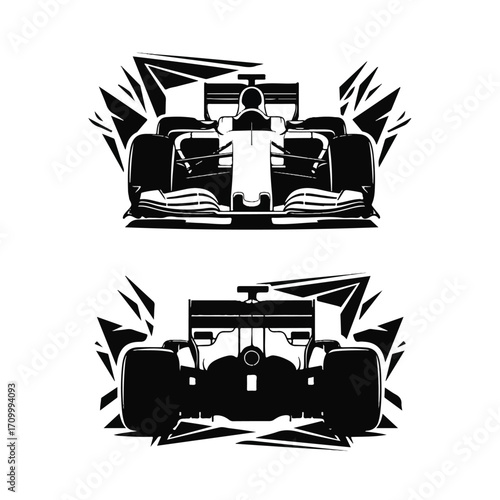 Two stylized monochrome illustrations of a Formula 1 race car, front and rear views, set against abstract geometric shapes.