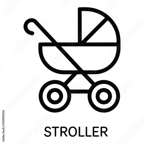 Simple line drawing of a baby stroller with a hood and handle for pushing with circular wheels design silhouette