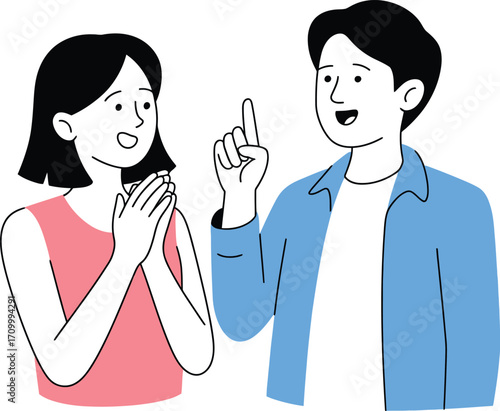 Engaged couple sharing an idea with excitement and wonder in a simple, modern style