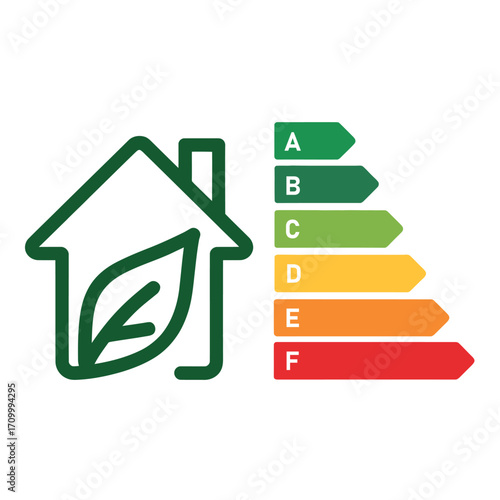 Energy efficiency rating for homes and buildings with a leaf symbol and color scale chart silhouette