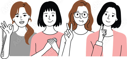 Diverse group of four women smiling and making positive gestures, celebrating togetherness and friendship