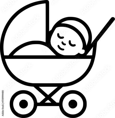 Minimal black and white vector of a baby sleeping in a stroller, simple silhouette style, perfect for parenting, childcare, family, and lifestyle themed design projects.
