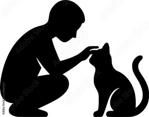 Minimal black and white vector of a person petting a cat, simple silhouette style, perfect for pets, animals, lifestyle, and cozy home themed design projects.