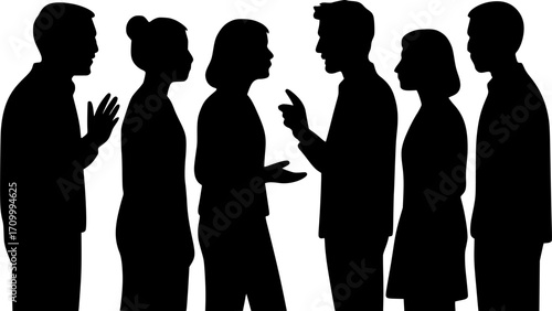 Minimal black and white vector of a group of people talking, simple silhouette style, perfect for communication, teamwork, social interaction, and business themed design projects.