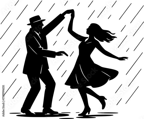 Minimal black and white vector of a couple dancing in the rain, elegant silhouette style, perfect for romance, love, outdoor, and artistic themed design projects.