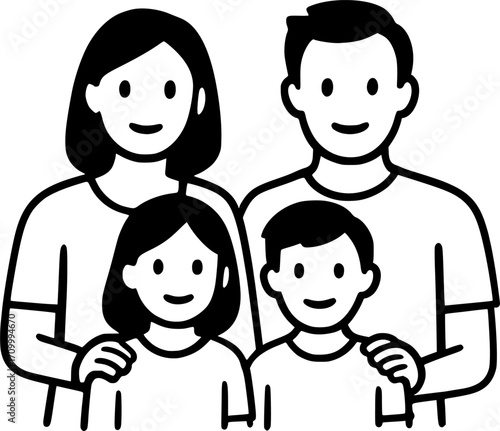 Minimal black and white vector of a family posing for a group photo, simple silhouette style, perfect for family, togetherness, portrait, and lifestyle themed designs.