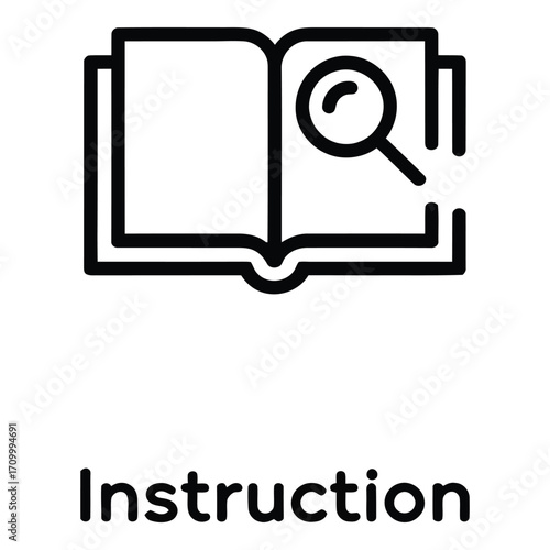 Book with magnifying glass icon represents instruction manual and detailed information guide line art silhouette