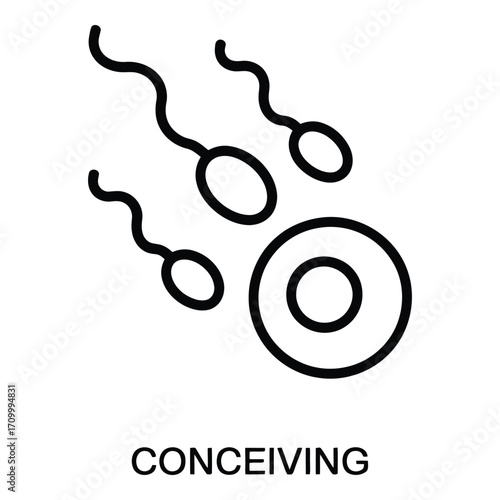 Sperm fertilizing egg showing conception and human reproduction process in black and white line art silhouette