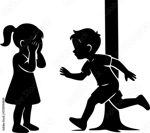 Minimal black and white vector of two children playing hide-and-seek, playful silhouette style, perfect for kids, childhood, outdoor, and game themed design projects.