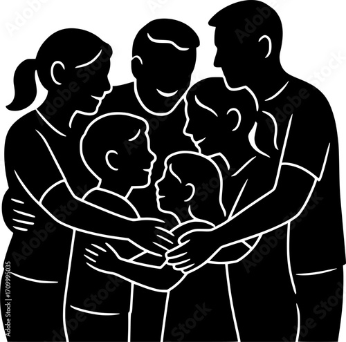 Minimal black and white vector of a family reunion scene with relatives hugging, heartwarming silhouette art for posters, prints, wall decor, and lifestyle design projects.