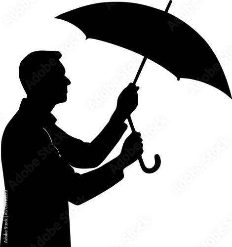 Minimal black and white vector of a man opening an umbrella, simple silhouette art for posters, prints, wall decor, rainy day scenes, and lifestyle design projects.