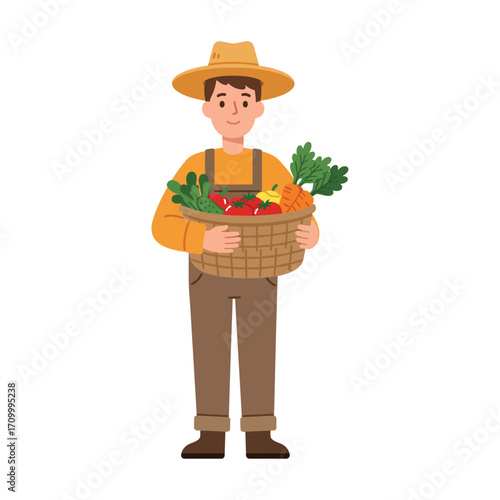 Vector art of a farmer wearing a hat and overalls holds a basket full of fresh vegetables