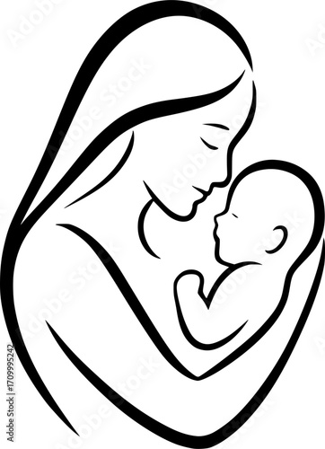 Minimal black and white vector of a mother holding a baby in her arms, tender silhouette art for posters, prints, wall decor, parenting, and family-themed design projects.