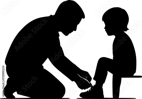 Minimal black and white vector of a father tying his child’s shoes, tender family silhouette art for posters, prints, wall decor, parenting, and everyday life projects.