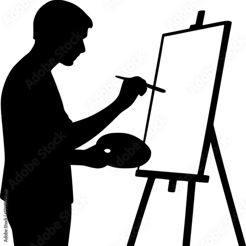 Minimal black and white vector of a person painting on a canvas, creative silhouette art for posters, prints, wall decor, art, and lifestyle design projects.