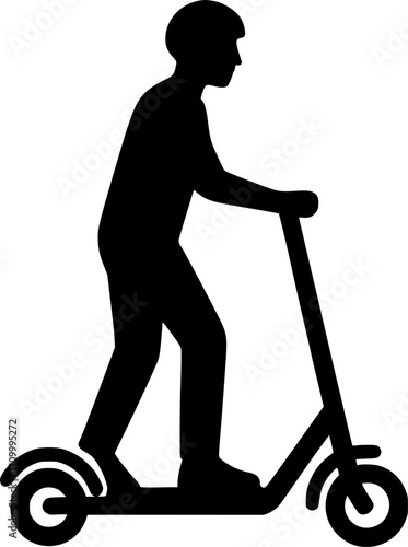 Minimal black and white vector of a person riding an electric scooter, dynamic silhouette art for posters, prints, urban lifestyle, transportation, and modern design projects.