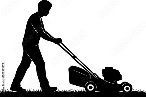 Minimal black and white vector of a person mowing the lawn, simple silhouette art for posters, prints, wall decor, gardening, outdoor work, and lifestyle projects.