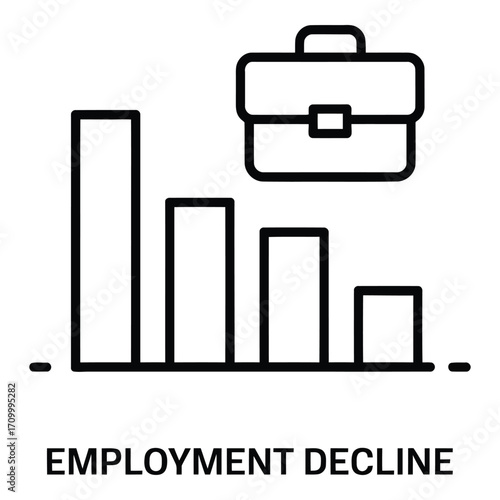 Declining employment rates shown with a bar graph and briefcase indicating job losses in the market silhouette