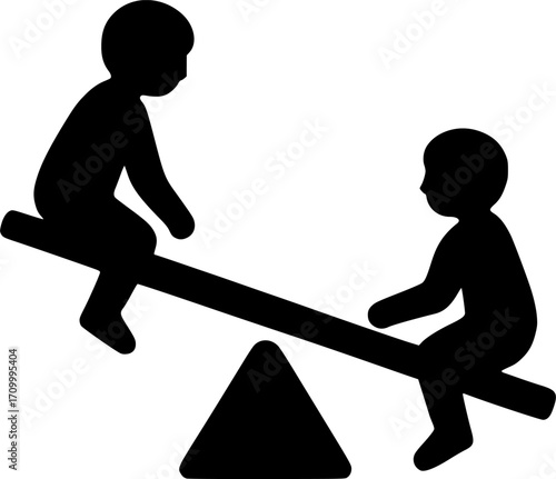 Minimal black and white vector of two kids on a seesaw, playful silhouette art for posters, prints, wall decor, childhood fun, and creative design projects.