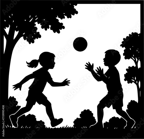Minimal black and white vector of two children playing with a ball in the park, joyful silhouette art for posters, prints, wall decor, and childhood-themed design projects.