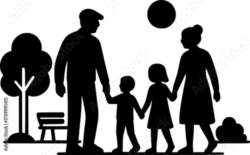 Minimal black and white vector of grandparents with grandchildren at the park, heartwarming family silhouette art for posters, prints, wall decor, and design projects.