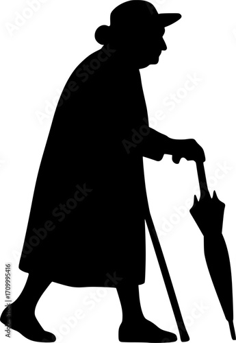 Minimal black and white vector of an elderly woman walking with a cane and umbrella, elegant silhouette art for posters, prints, wall decor, aging and lifestyle themes.
