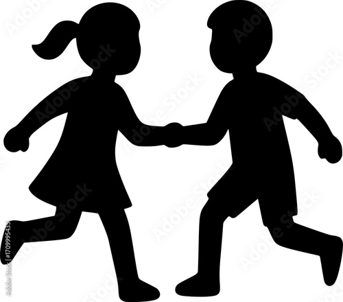 Minimal black and white vector of two kids playing together, simple silhouette design for posters, prints, wall art, childhood themes, and creative projects.