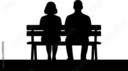 Minimalist black and white vector of two people sitting on a bench, simple silhouette art for posters, prints, wall decor, and stock design projects.