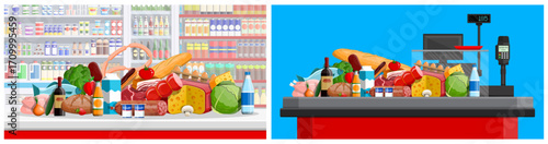 Supermarket checkout counter with grocery products, food items and drinks. Retail store shopping concept. Cashier with scanner for transaction payment.