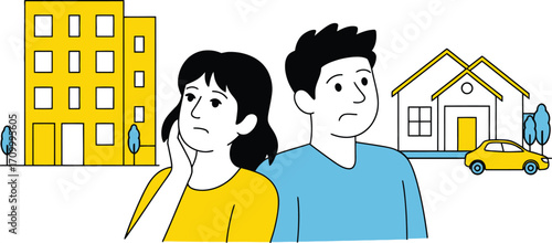 Worried couple contemplating finances with house and apartment in background