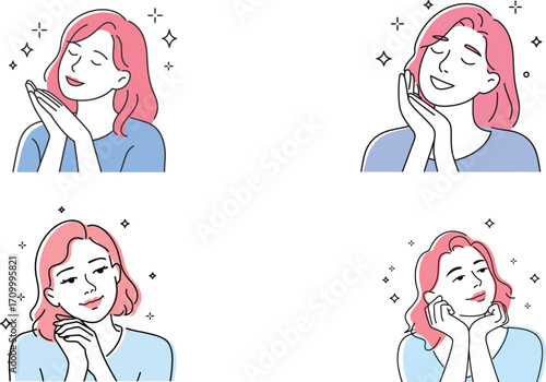 Radiant woman's joyful expressions and self-care moments captured in delightful minimalist art