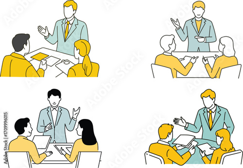 Dynamic business team collaborating in modern meeting rooms discussing strategy and ideas.