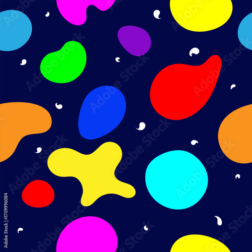 Seamless abstract pattern of blob shapes in red, yellow, blue, green, orange, and pink on deep navy blue background. Vector illustration organic fluid forms for textiles, wallpapers, digital graphics 