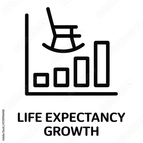 Life expectancy growth and retirement planning with increasing bar chart and rocking chair icon silhouette