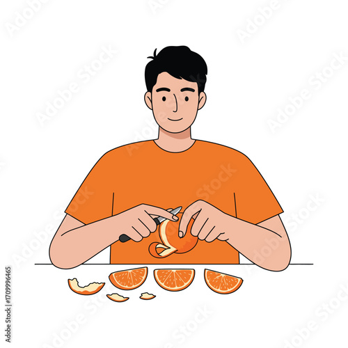 Vector art of man peeling an orange with a knife, with sliced orange pieces on the table