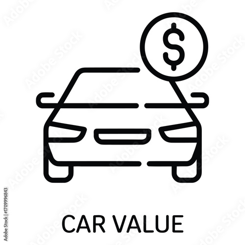 Assessing car value and determining its price with dollar sign representing monetary worth for sale or trade silhouette