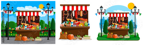 Street farm market stall with fresh food and vegetables for sale. Farmers shop with meat, cheese, bread, fish, and dairy items. Local grocery store.