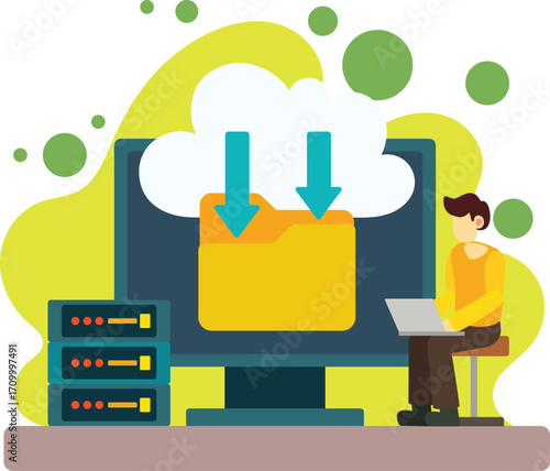 Man downloads data from cloud Illustration. Cloud data download illustration