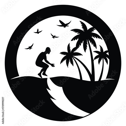 Silhouette of a person reaching out on a tropical island with palm trees and birds in a circle vector