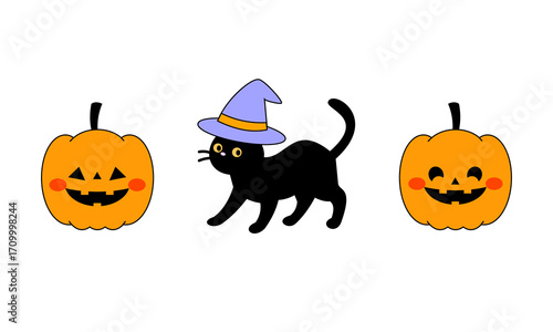 ハロウィンのかぼちゃと魔女帽子を被った黒猫のイラストのセット