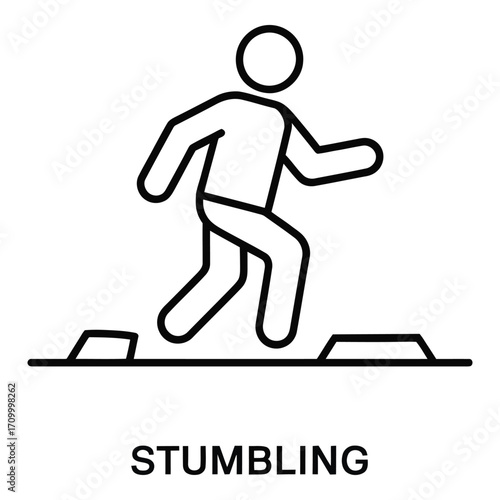 Stick figure stumbling over obstacles representing challenges and potential accidents ahead warning sign silhouette